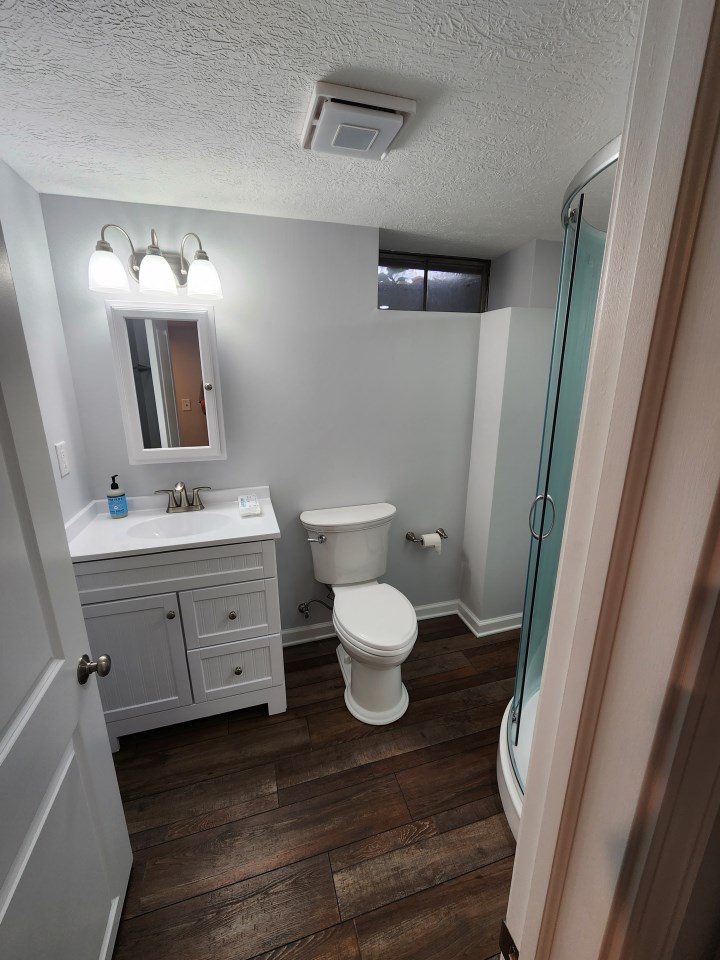 Basement bathroom with white vanity, medicine cabinet and corner shower